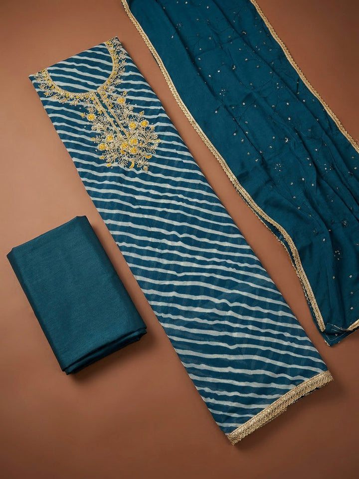 Blue Chanderi Embroidered Unstitched Dress Material