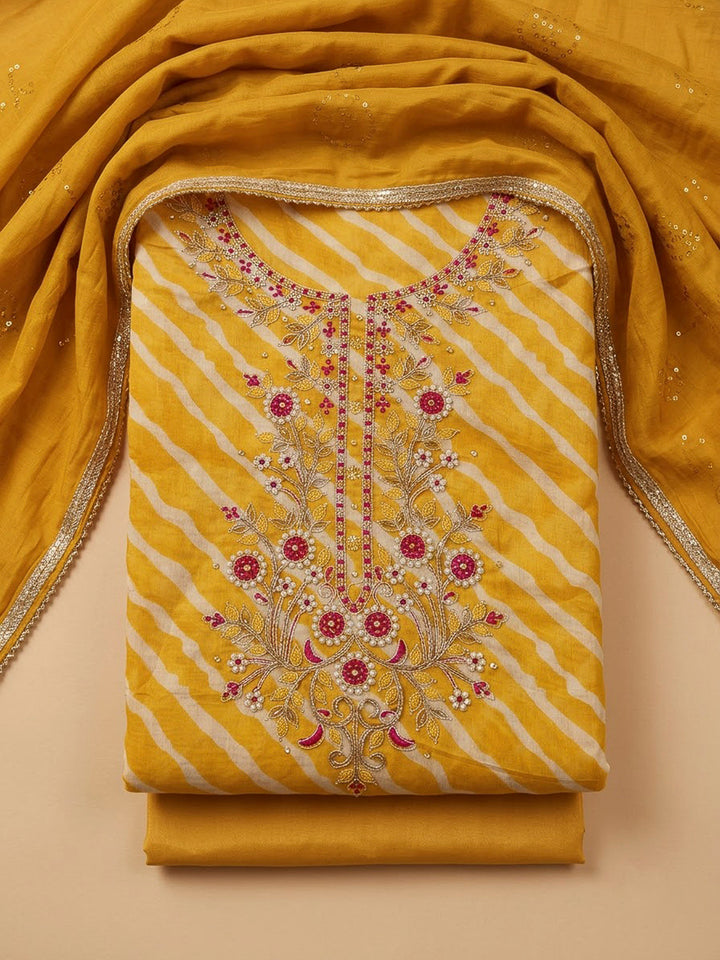 Mustard Chanderi Embroidered Unstitched Dress Material