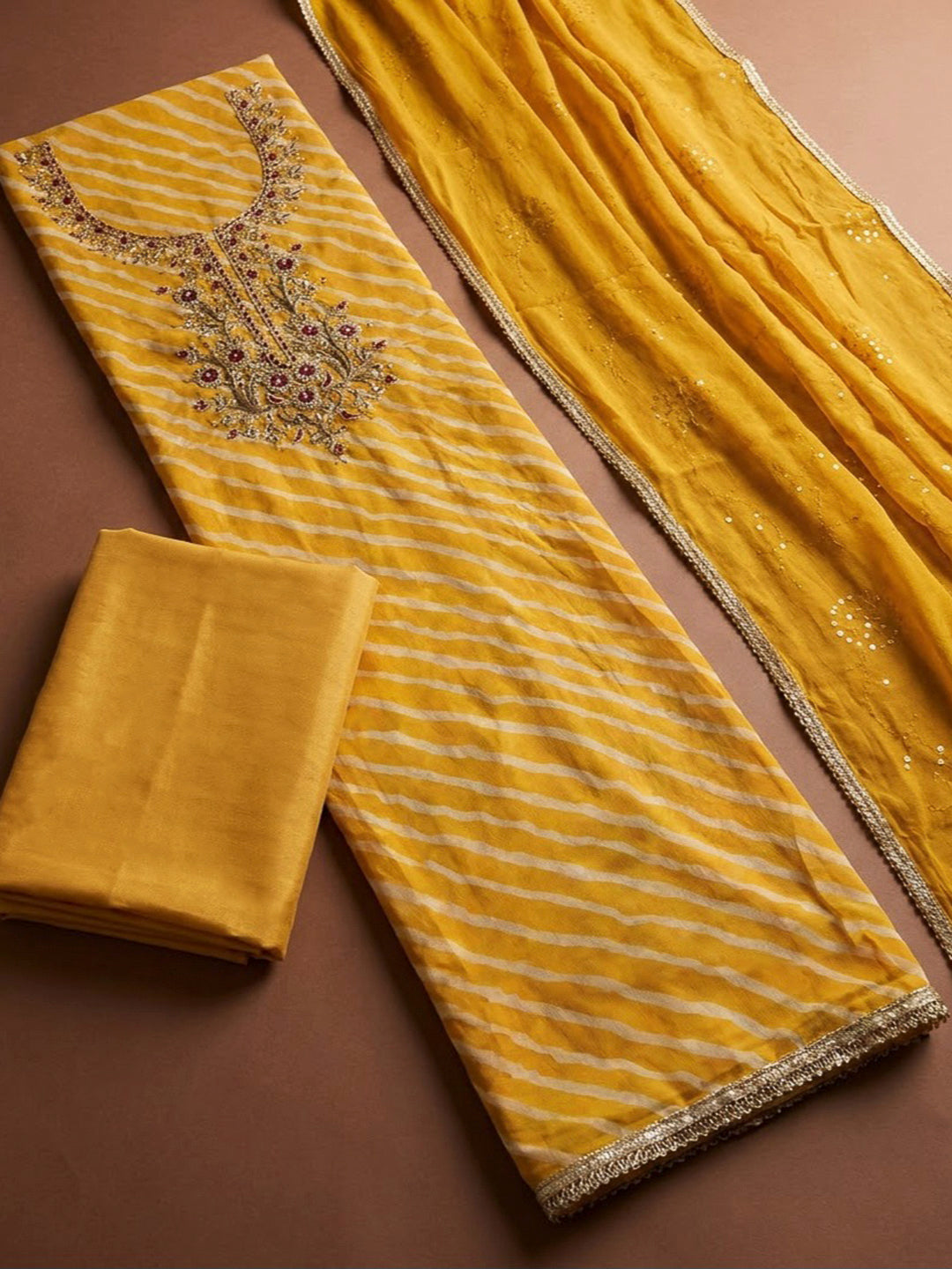 Mustard Chanderi Embroidered Unstitched Dress Material