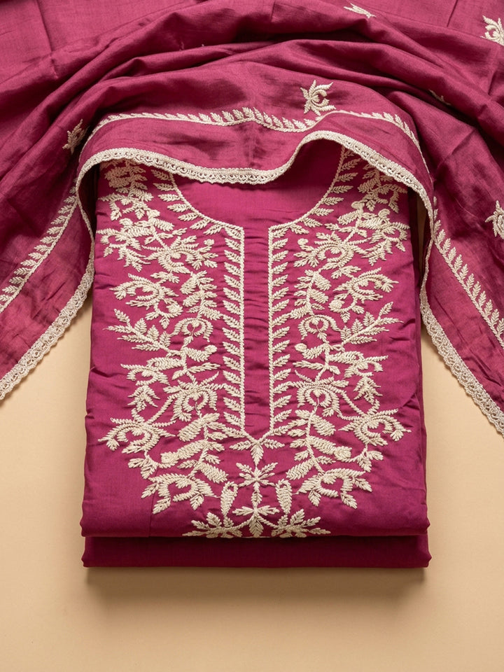 Onion Pink Embroidery Cotton Blend Unstitched Dress Material