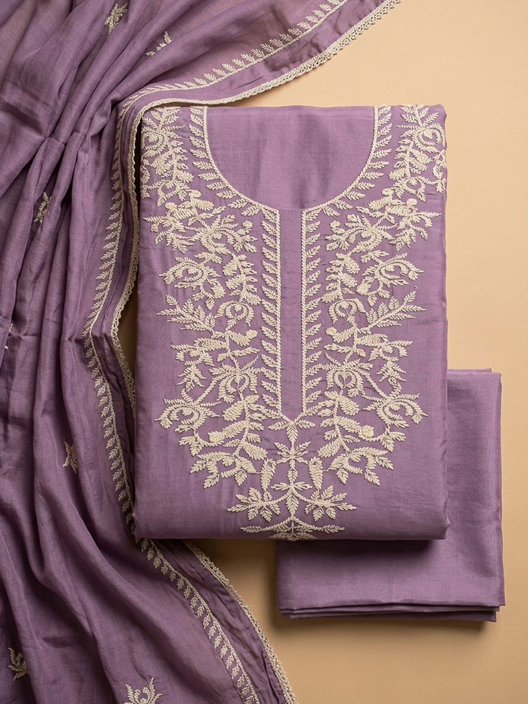 Purple Embroidery Cotton Blend Unstitched Dress Material