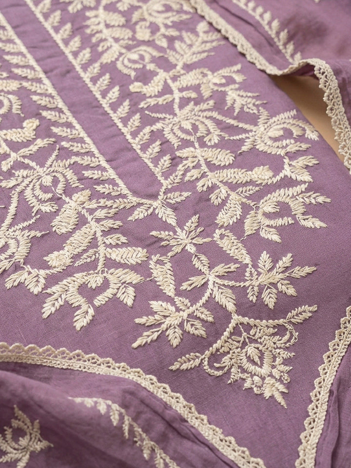 Purple Embroidery Cotton Blend Unstitched Dress Material