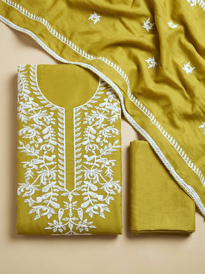 Yellow Embroidery Cotton Blend Unstitched Dress Material