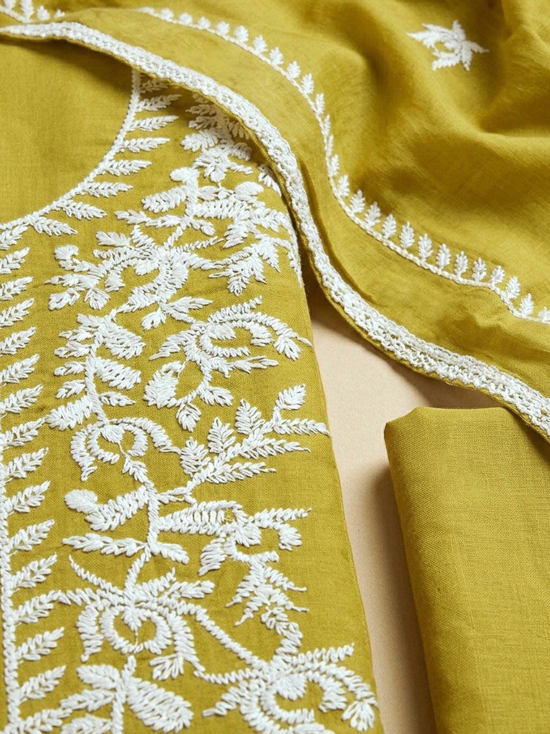 Yellow Embroidery Cotton Blend Unstitched Dress Material