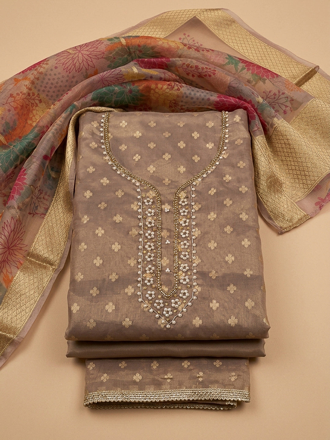 Brown Embroidery Chanderi Unstitched Dress Material