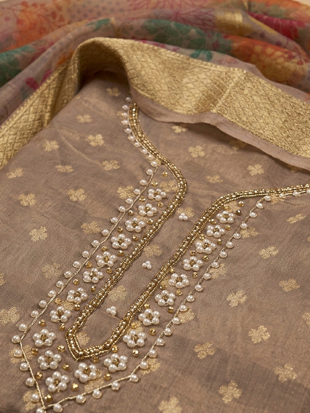 Brown Embroidery Chanderi Unstitched Dress Material