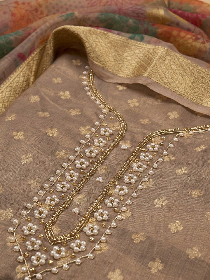 Brown Embroidery Chanderi Unstitched Dress Material
