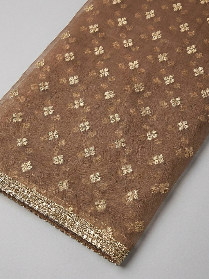 Brown Embroidery Chanderi Unstitched Dress Material
