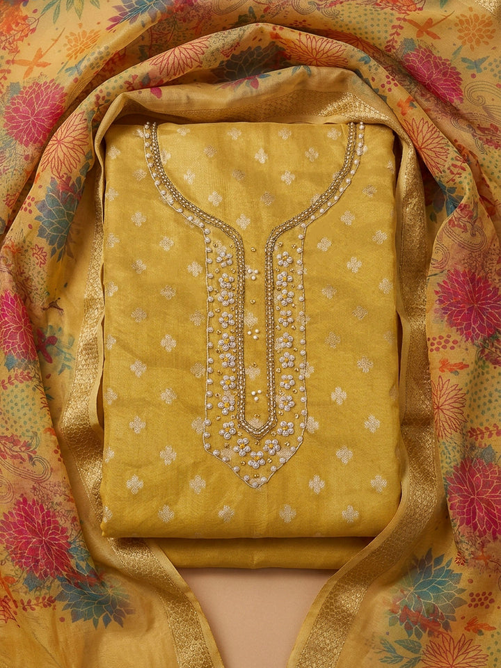 Mustard Embroidery Chanderi Unstitched Dress Material