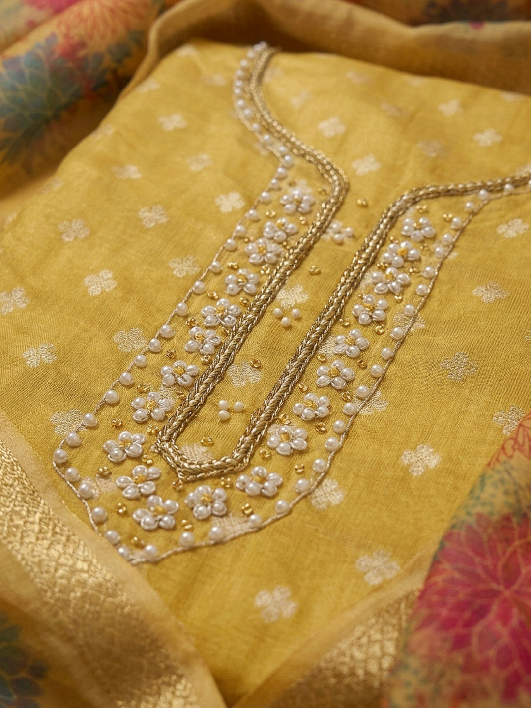 Mustard Embroidery Chanderi Unstitched Dress Material