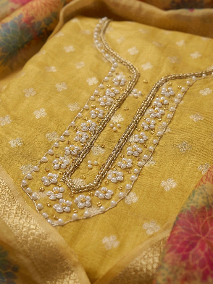Mustard Embroidery Chanderi Unstitched Dress Material