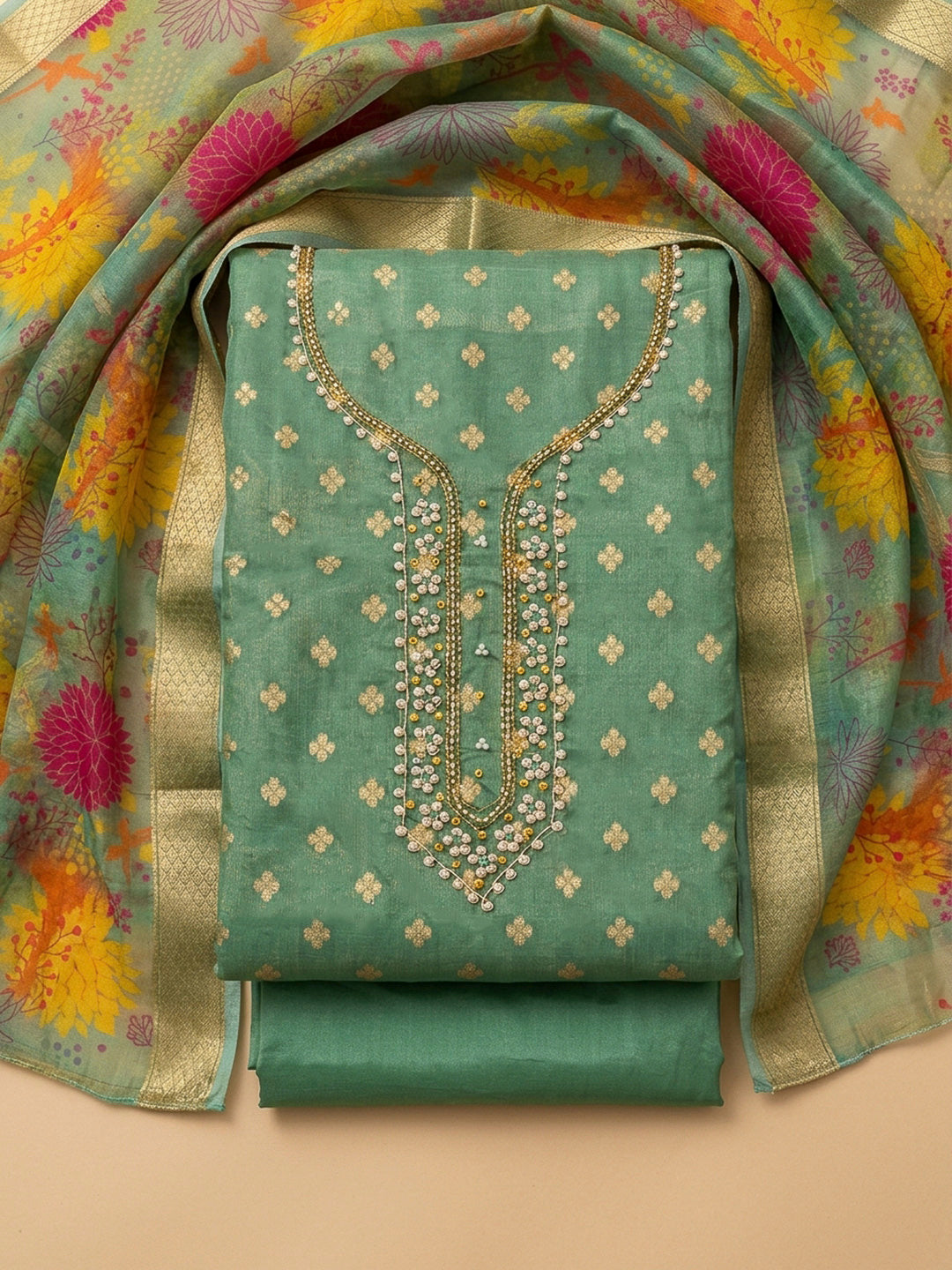 Rama Green Embroidery Chanderi Unstitched Dress Material