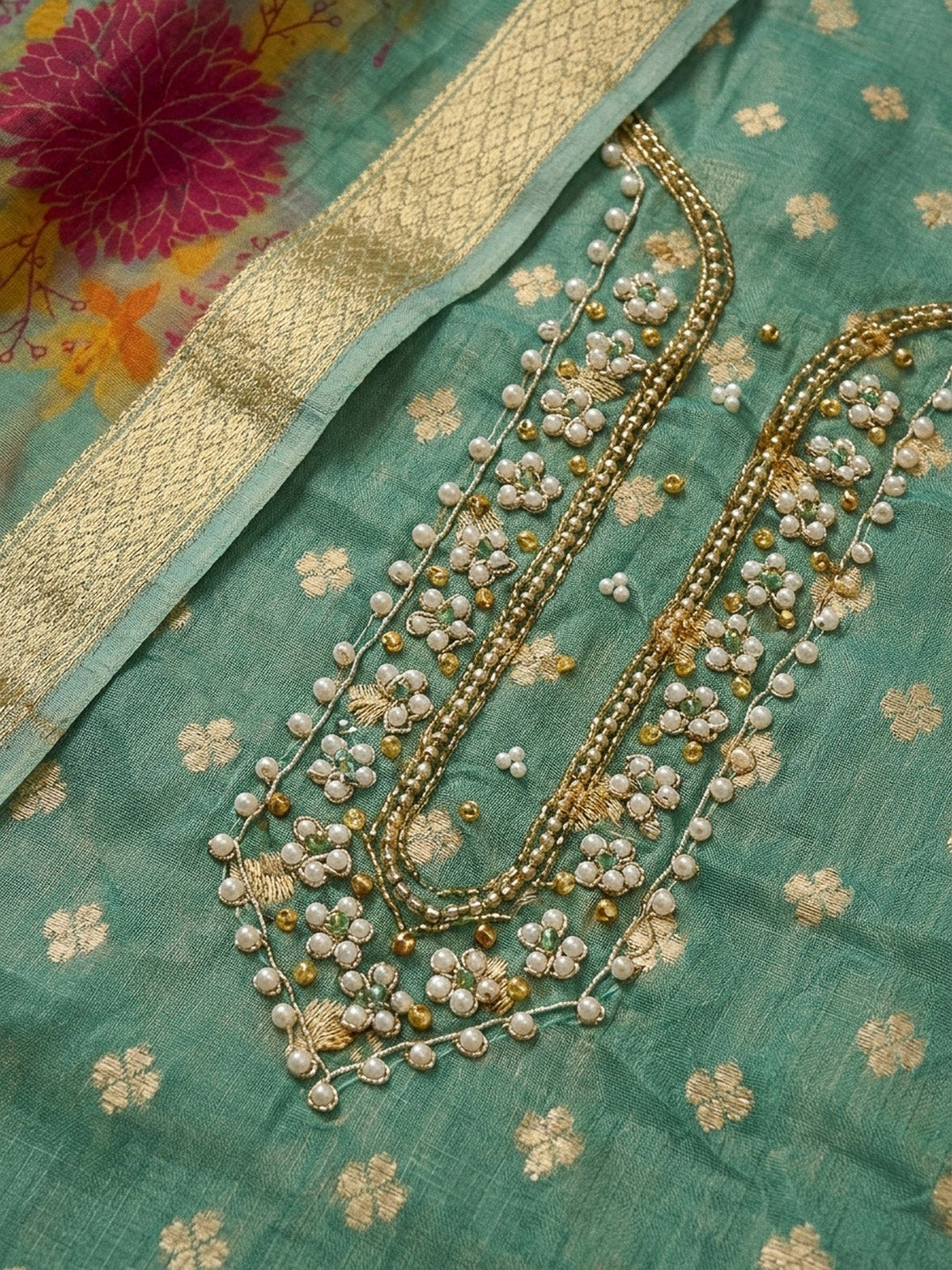 Rama Green Embroidery Chanderi Unstitched Dress Material