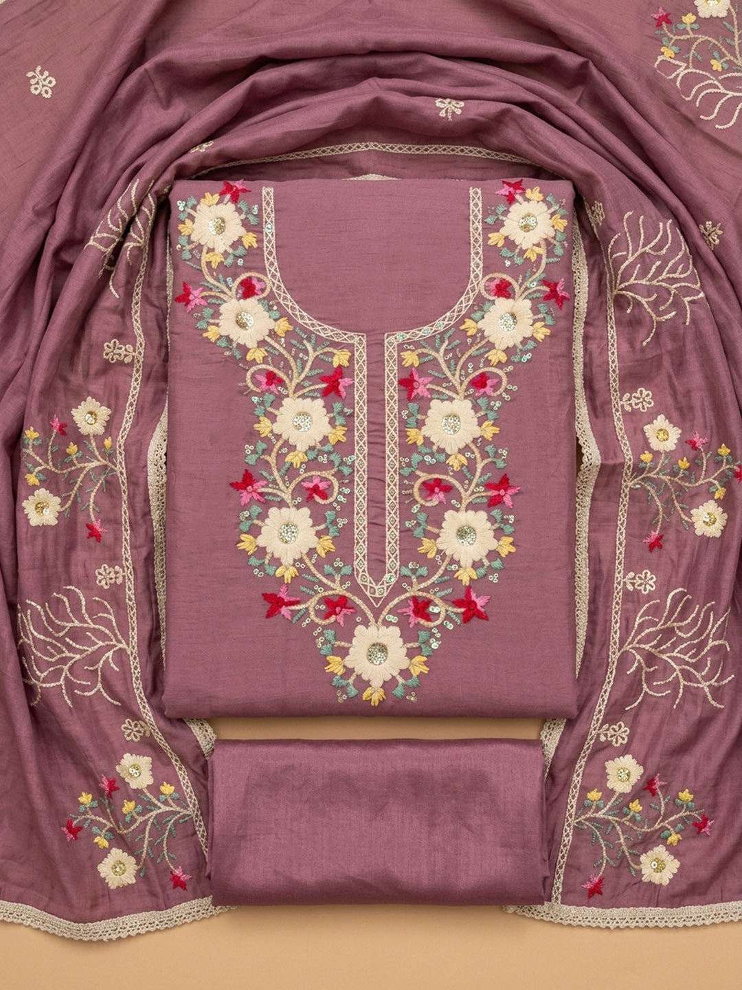 Onion Pink Embroidery Chanderi Unstitched Dress Material