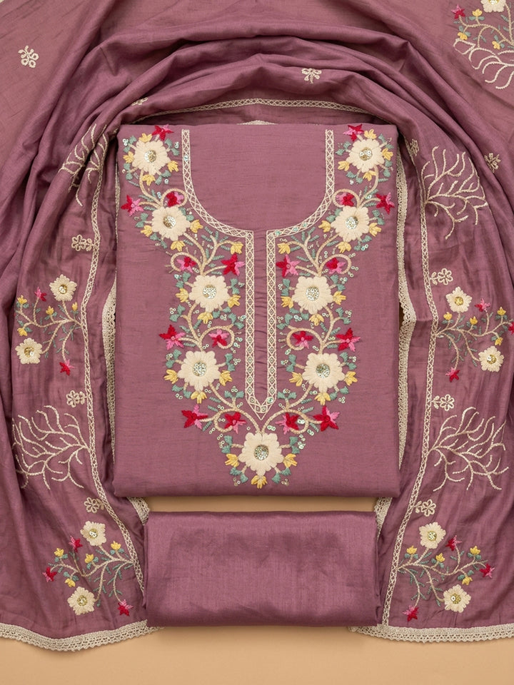 Onion Pink Embroidery Chanderi Unstitched Dress Material