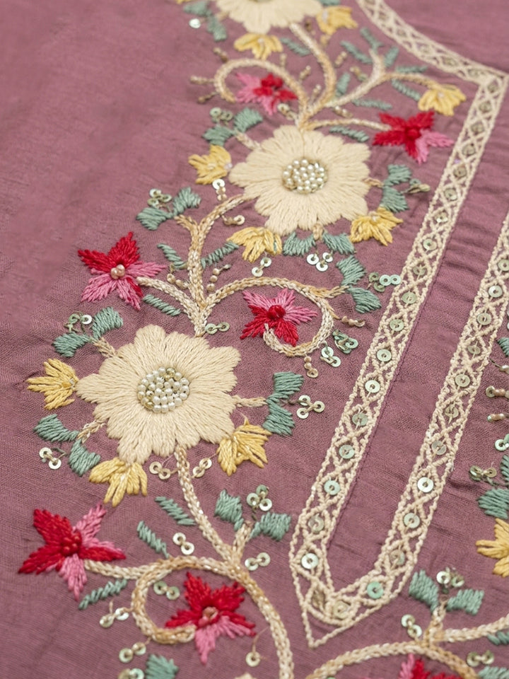 Onion Pink Embroidery Chanderi Unstitched Dress Material
