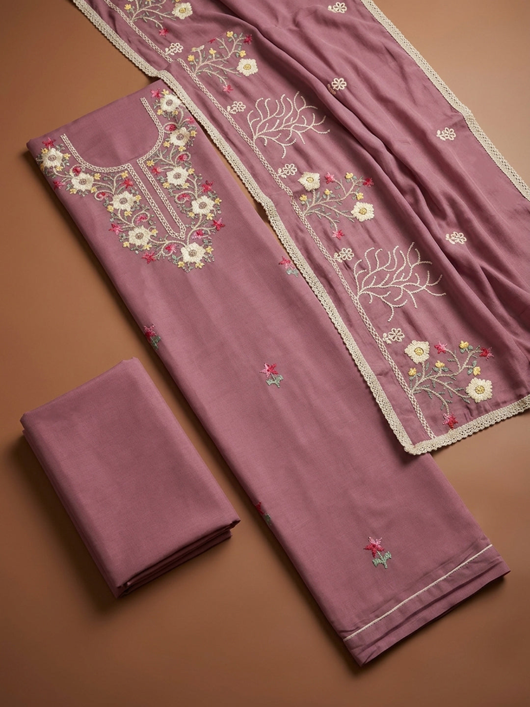 Onion Pink Embroidery Chanderi Unstitched Dress Material