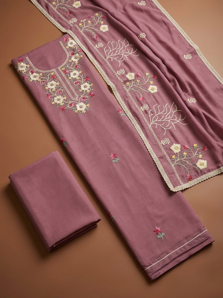 Onion Pink Embroidery Chanderi Unstitched Dress Material