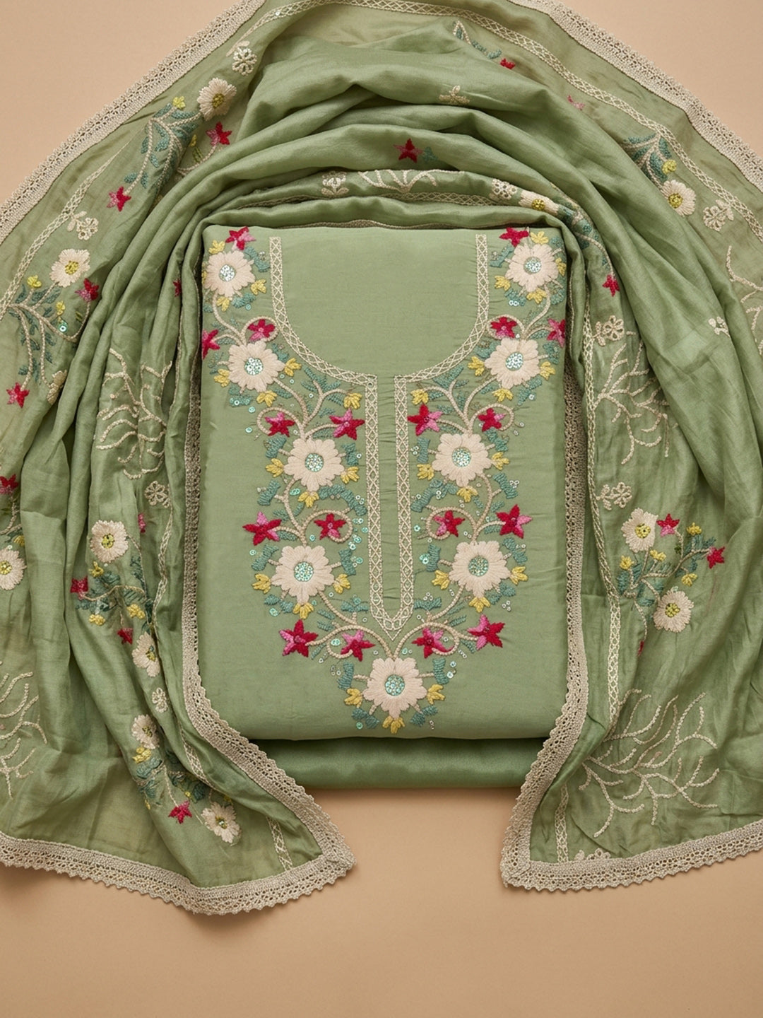 Pista Green Embroidery Chanderi Unstitched Dress Material