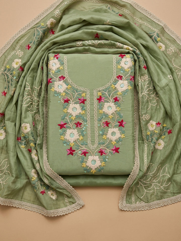 Pista Green Embroidery Chanderi Unstitched Dress Material