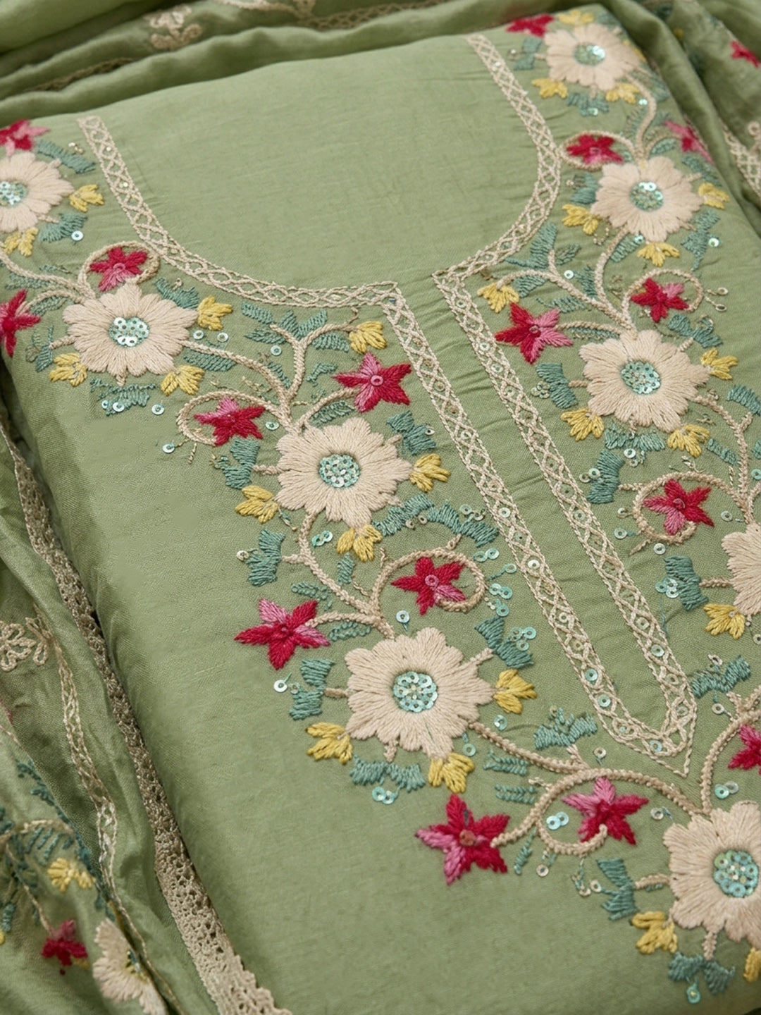 Pista Green Embroidery Chanderi Unstitched Dress Material