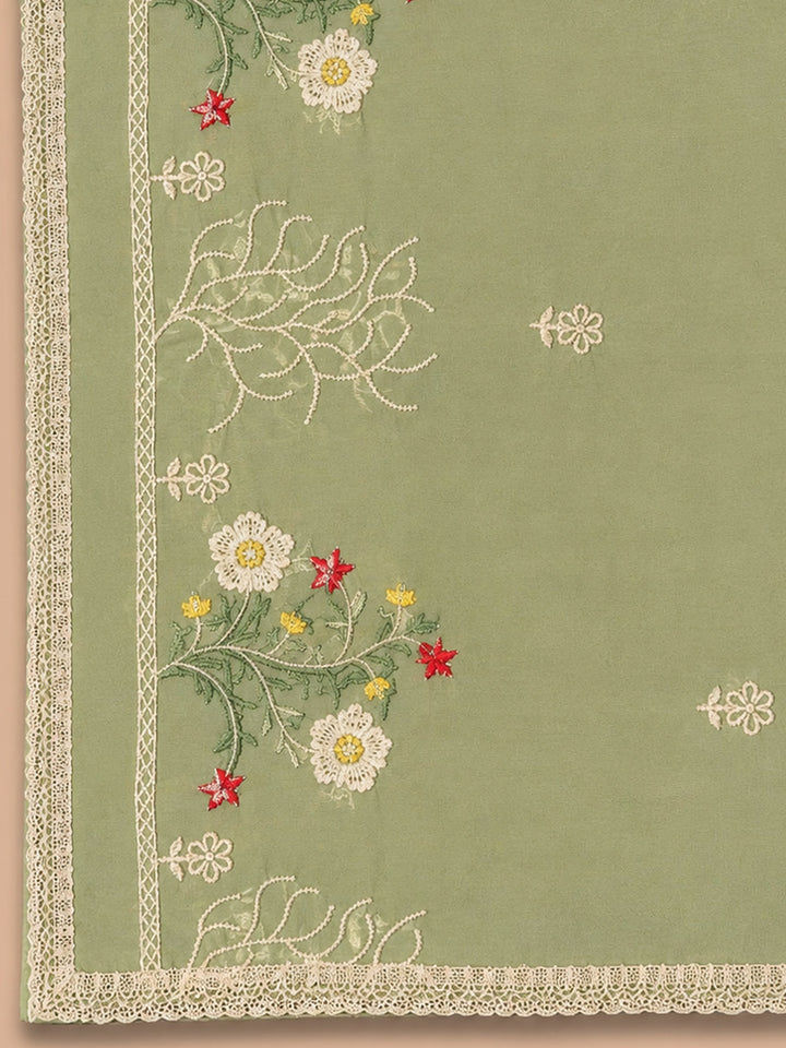 Pista Green Embroidery Chanderi Unstitched Dress Material