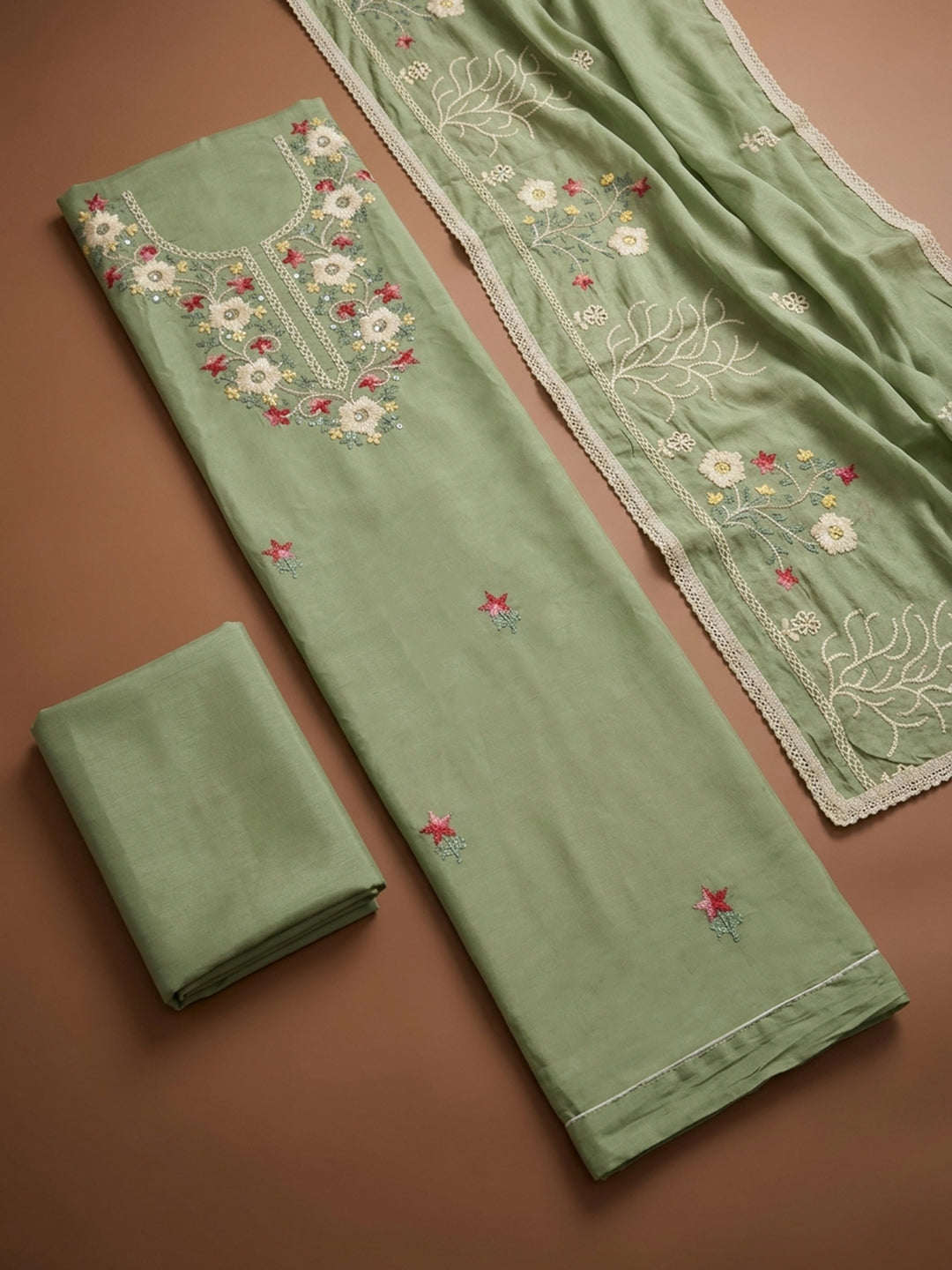 Pista Green Embroidery Chanderi Unstitched Dress Material