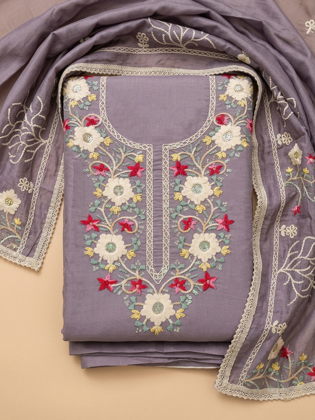 Purple Embroidery Chanderi Unstitched Dress Material