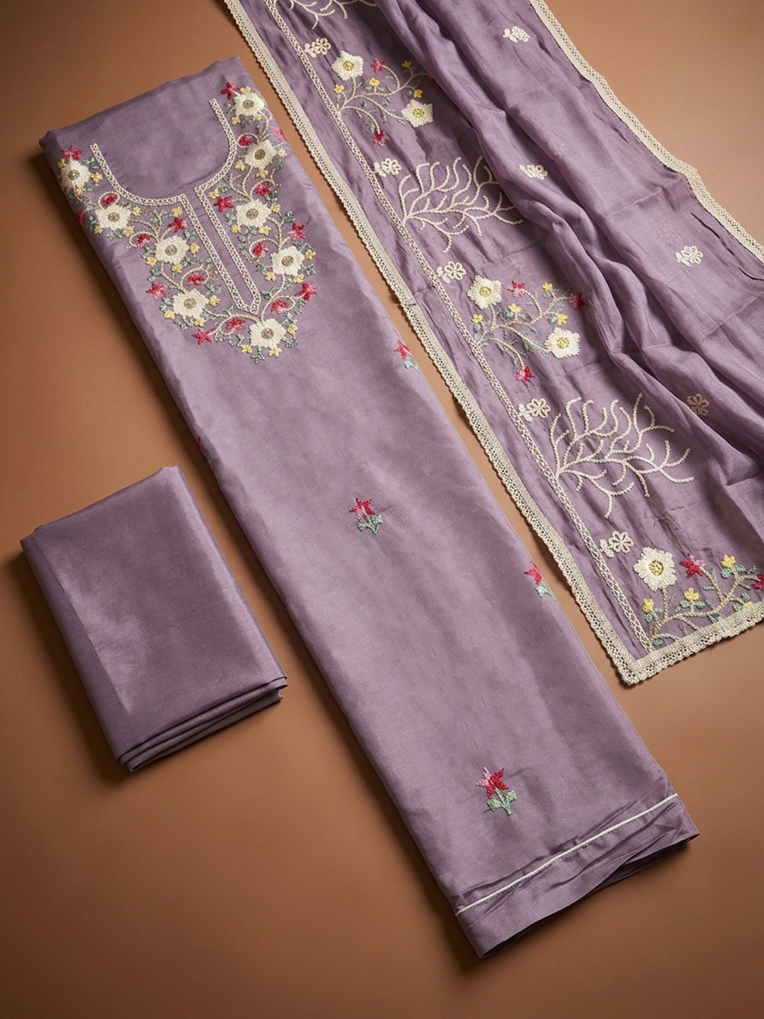 Purple Embroidery Chanderi Unstitched Dress Material