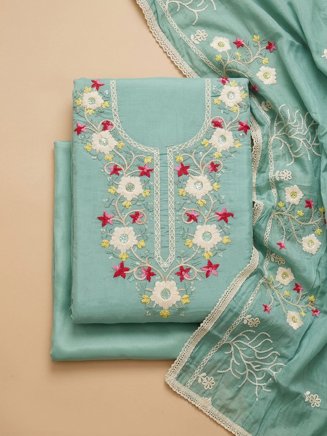 Sky Blue Embroidery Chanderi Unstitched Dress Material