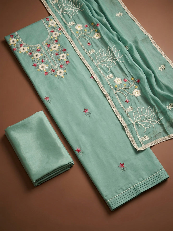 Sky Blue Embroidery Chanderi Unstitched Dress Material