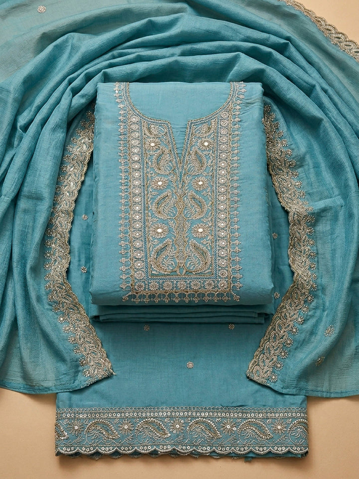 Blue Embroidery Chanderi Unstitched Dress Material