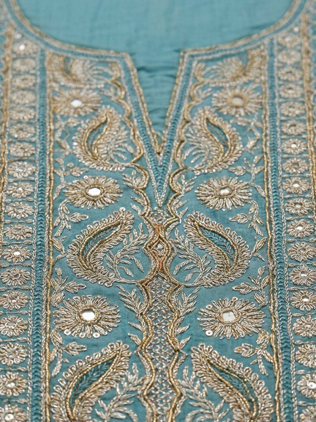 Blue Embroidery Chanderi Unstitched Dress Material