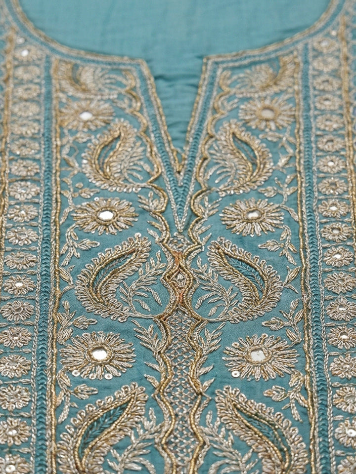 Blue Embroidery Chanderi Unstitched Dress Material