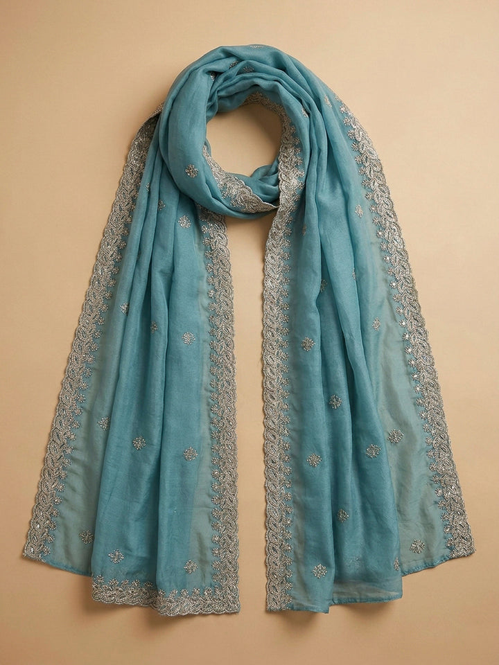 Blue Embroidery Chanderi Unstitched Dress Material