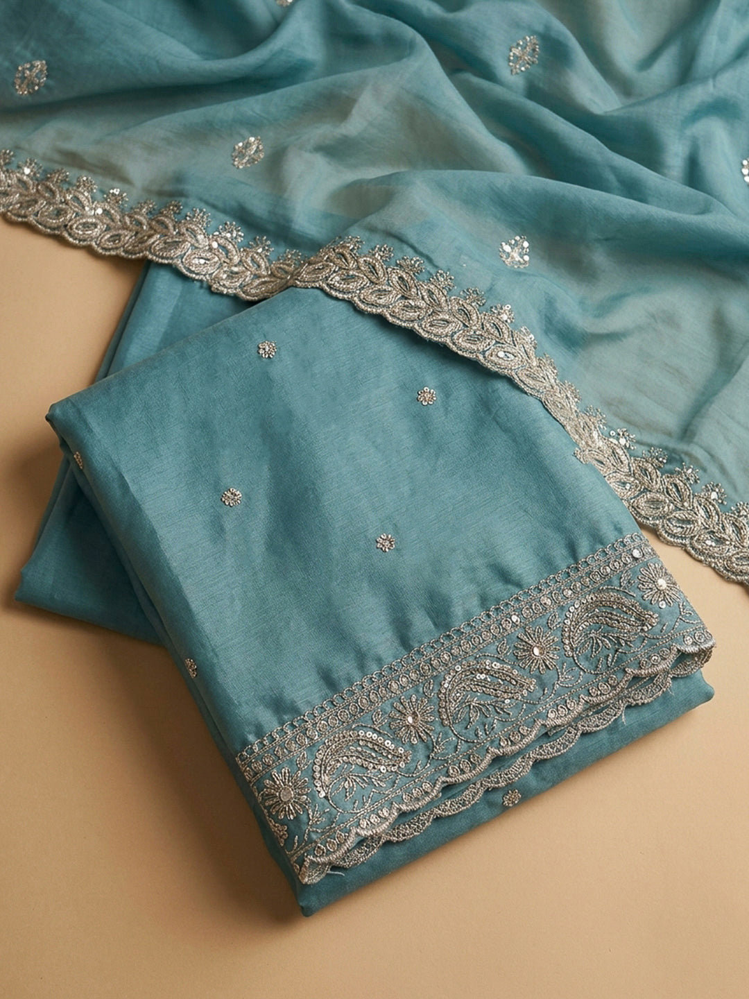 Blue Embroidery Chanderi Unstitched Dress Material