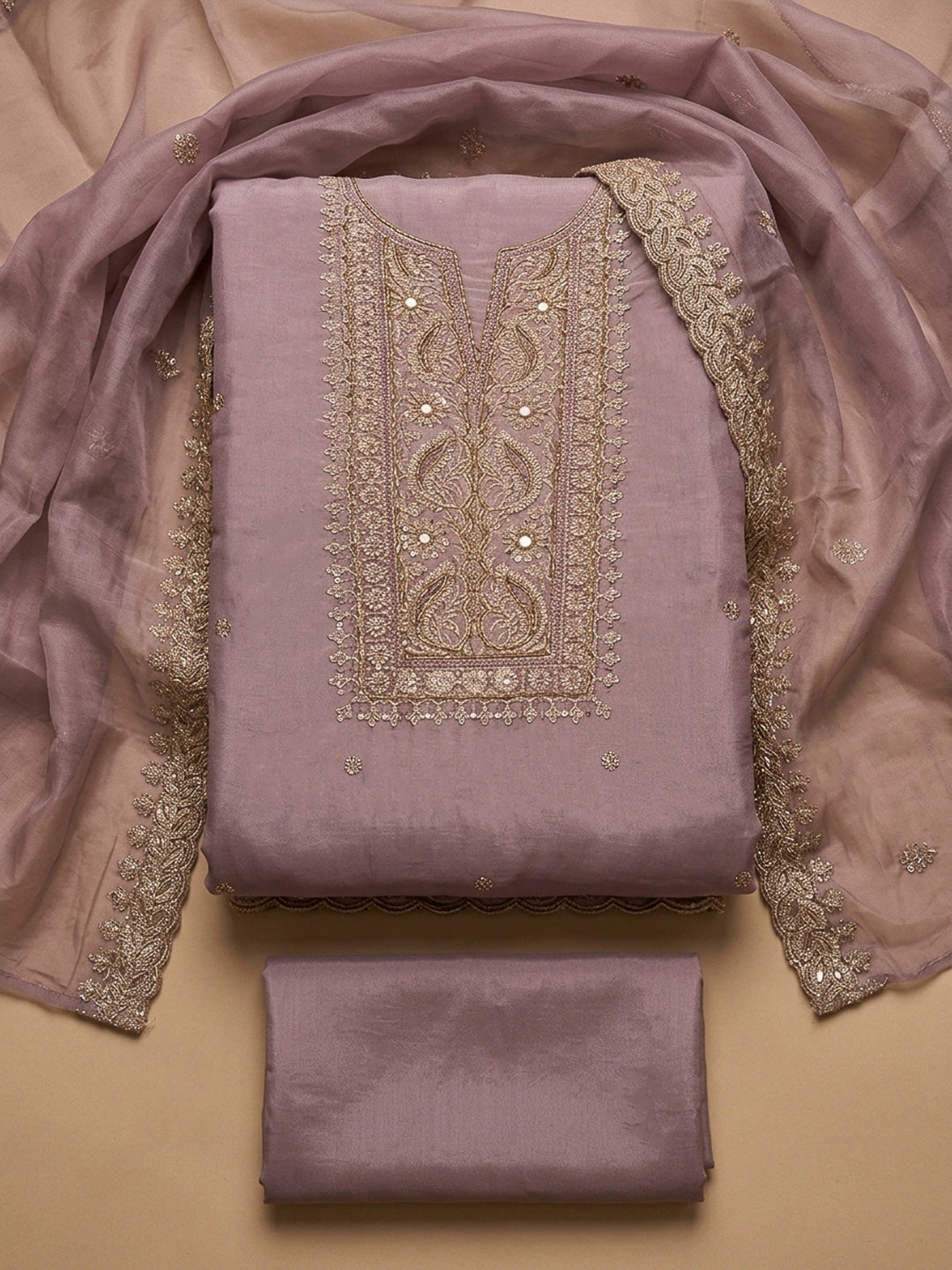 Lavender Embroidery Chanderi Unstitched Dress Material