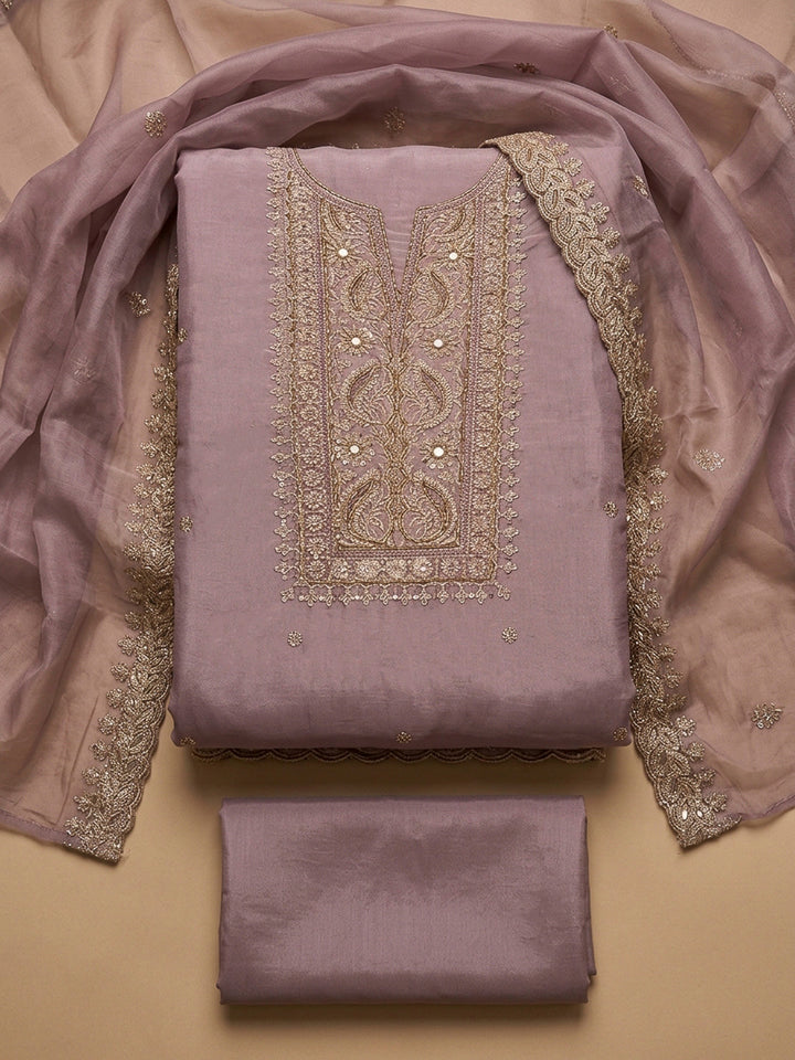 Lavender Embroidery Chanderi Unstitched Dress Material
