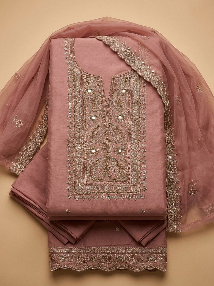 Peach Embroidery Chanderi Unstitched Dress Material