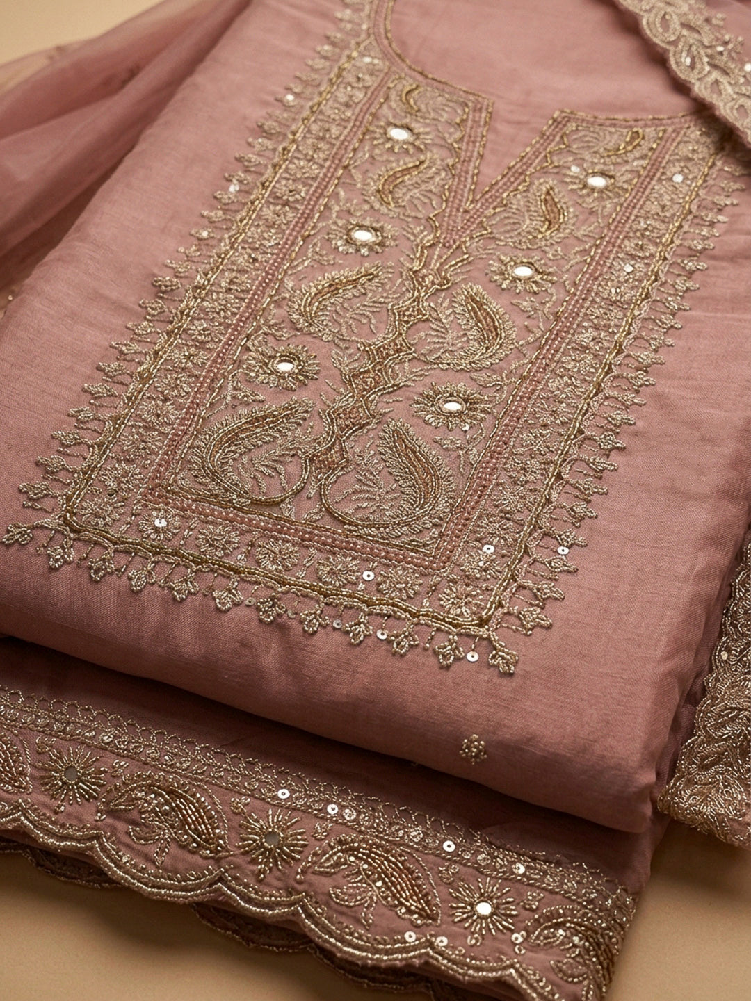 Peach Embroidery Chanderi Unstitched Dress Material