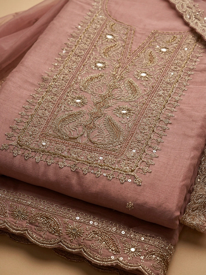 Peach Embroidery Chanderi Unstitched Dress Material