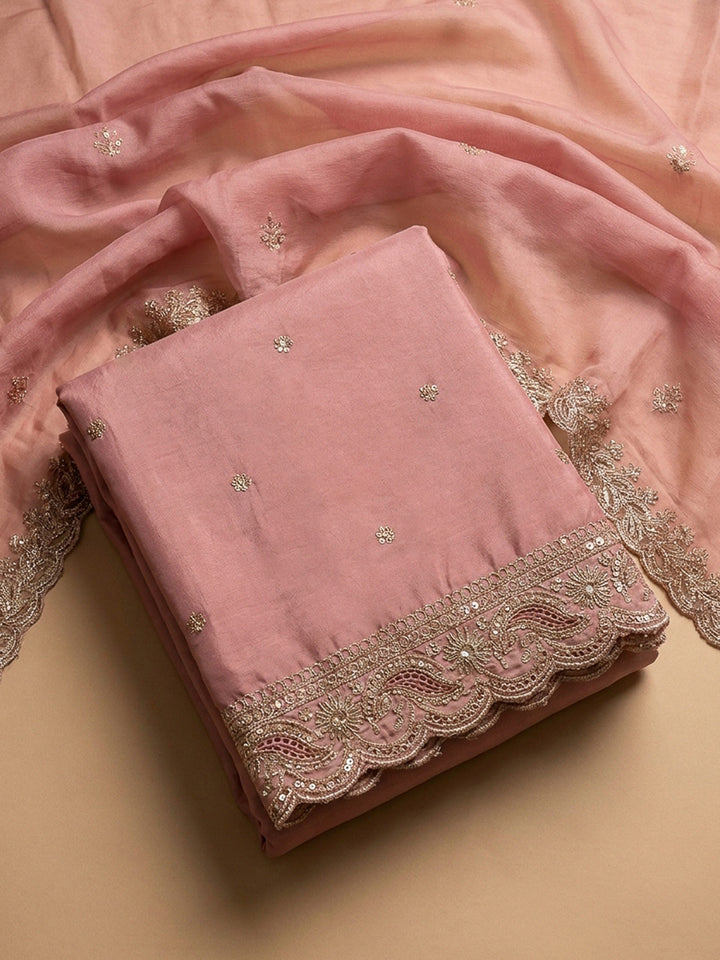 Peach Embroidery Chanderi Unstitched Dress Material