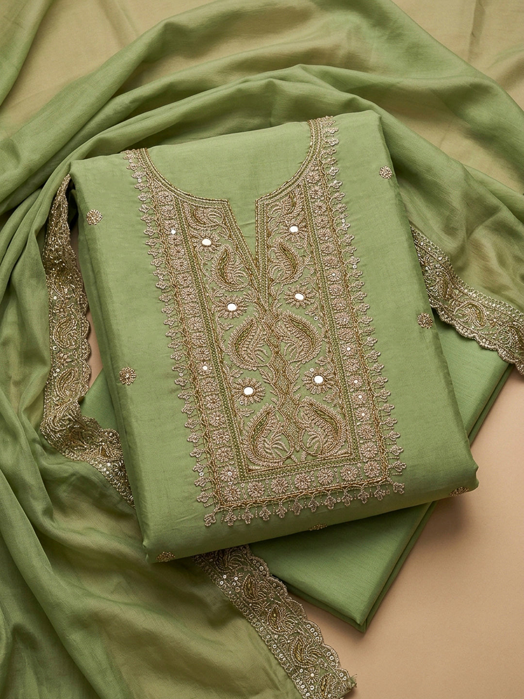 Pista Green Embroidery Chanderi Unstitched Dress Material