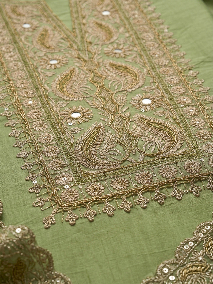 Pista Green Embroidery Chanderi Unstitched Dress Material