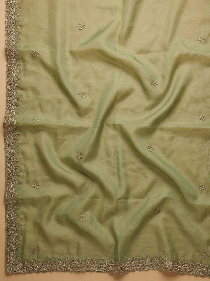 Pista Green Embroidery Chanderi Unstitched Dress Material