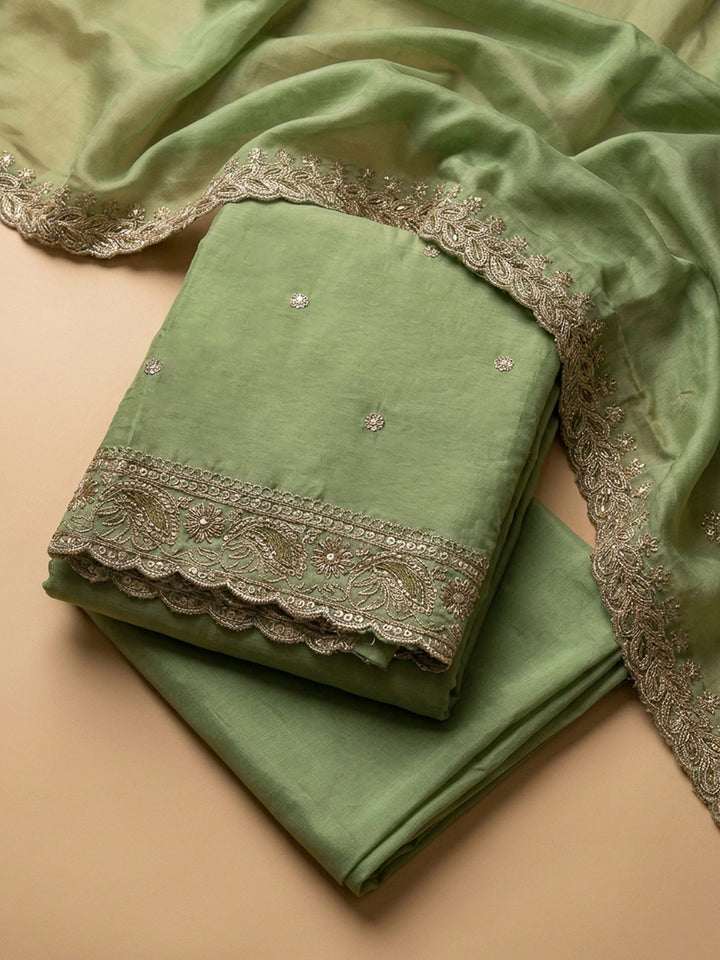 Pista Green Embroidery Chanderi Unstitched Dress Material