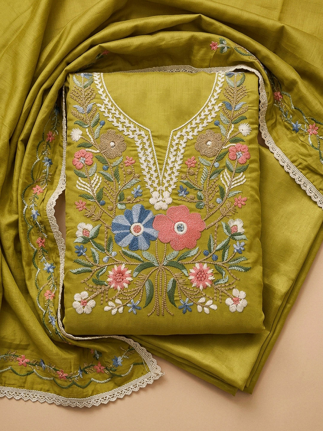 Mehndi Embroidery Chanderi Unstitched Dress Material