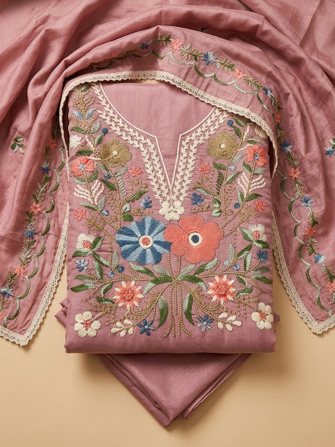 Onion Pink Embroidery Chanderi Unstitched Dress Material