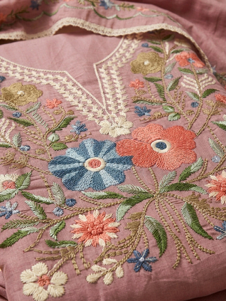 Onion Pink Embroidery Chanderi Unstitched Dress Material