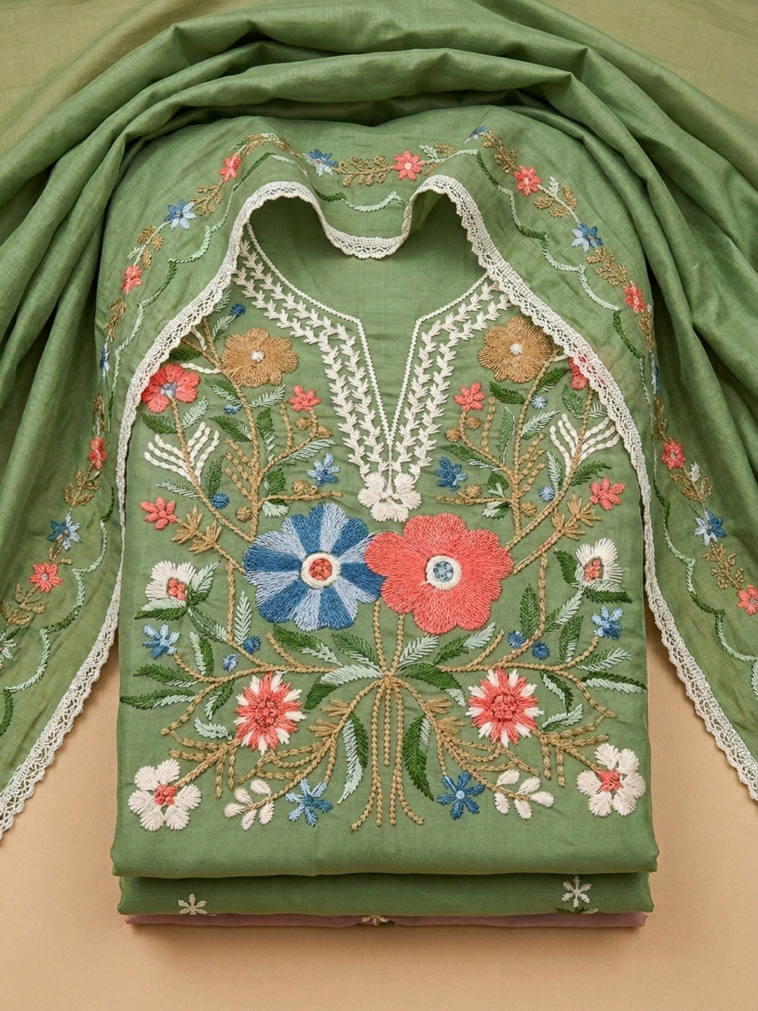 Pista Green Embroidery Chanderi Unstitched Dress Material